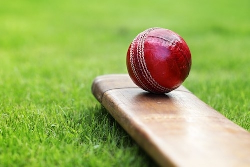 photo of cricket ball and bat on green grass