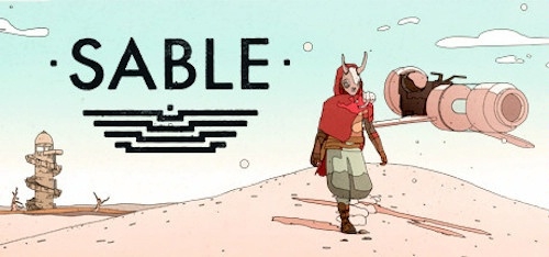 Sable game logo atop a futuristic desert scene