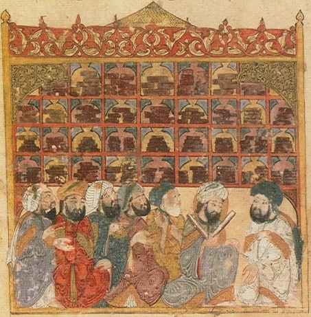 Scholars at an Abbasid library. Maqamat of al-Hariri Illustration by Yahyá al-Wasiti, Baghdad 1237