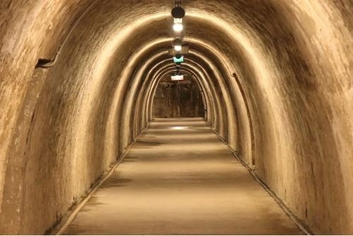 an underground tunnel with arched ceilings and walls made of weathered stone or concrete. The tunnel is illuminated by a series of evenly spaced ceiling lights that  create a sense of depth as the perspective narrows toward the end of the passage. The floor is smooth and clean, with subtle lines guiding the viewer's eye through the space. The overall atmosphere is slightly mysterious, evoking an historical or industrial setting.