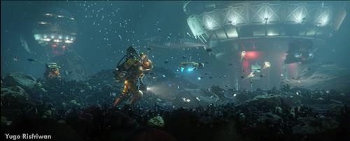 person in heavy golden diving suit with apparatus strapped on back walks underwater toward a large glowing sphere habitat
