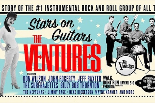 50s-style promo poster in black, white, aqua and red with an image of the band and a woman with a beehive hairdo. The text: STORY Of THE #1 INSTRUMENTAL ROCK AND ROLL GROUP OF ALL TIME  Stars on Guitars THE VENTURES