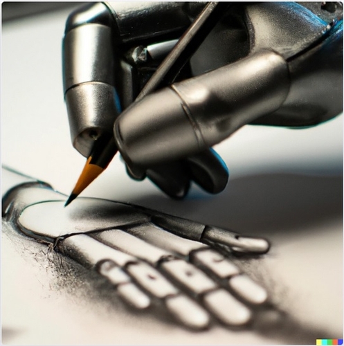 close up drawing of a robot hand drawing a robot hand