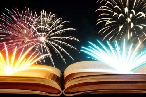 image of colorful fireworks exploding off the open pages of a book 