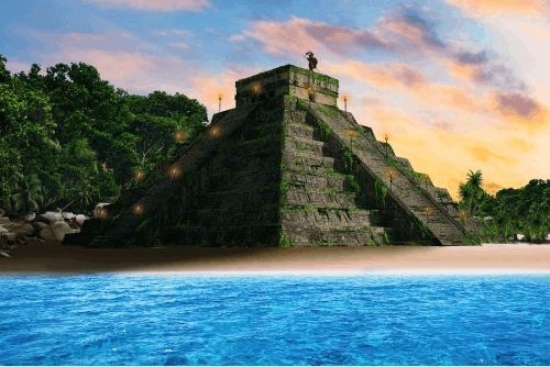 depiction of an ancient stepped pyramid resembling Mayan architecture, set against a vibrant natural backdrop. The structure, surrounded by lush green jungle, is illuminated by soft lights along its steps. A calm, vivid blue ocean lies in the foreground, with the scene set against a warm and colorful sunset sky, blending orange, pink, and blue hues. The image evokes a tranquil yet majestic atmosphere.