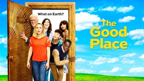 promo art for The Good Place showing all the main characters walking through or peeking from a woooden door labeled EARTH