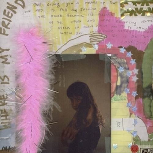 album cover by the band Wednesday showing a collage of a photo of a girl with handwriting in the background, gold and silver decorations, miniature pink feather boa, pink and yellow highlighting, and WHERE IS MY FRIEND written along one side