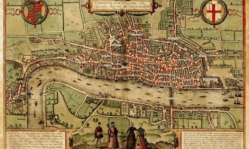 image of a Medieval map of London with Latin writing and pushpin icons marking the recorded deaths