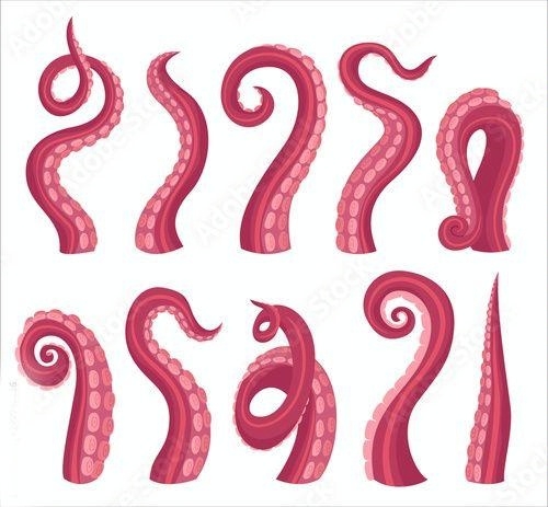 Stylized illustration of red octopus tentacles in various shapes and poses, featuring detailed suckers and a white background