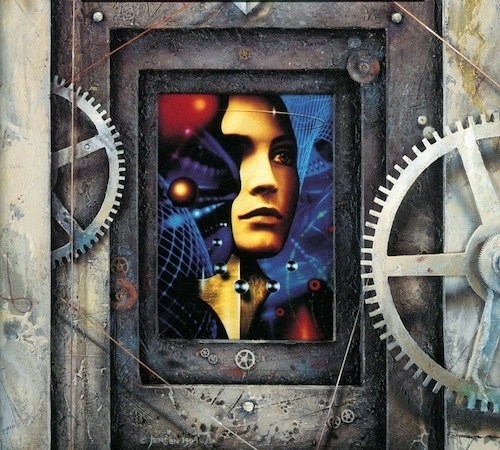 cyberpunk illustration of a young woman's face melding with (presumably) the cosmos in a frame of rustic pitted metal and/or wood surrounded by gears and wires