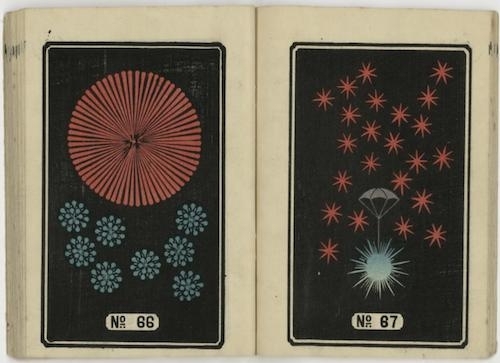 two-page spread from the catalog featuring illustrations of two fireworks, labeled No. 86 and No. 87, in red and light blue against a black background