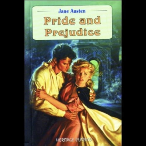 Book cover of Pride and Prejudice showing a handsome dark haired man in his shirtsleeves holding a terrified woman wearing what appears to be an opera cape and a nondescript, but definitely not Edwardian, plain shirtwaist style dress. While he stares hungrily at her chest, the woman looks out to her left at whatever ghastly thing she seems to see approaching. There is what looks to be a haunted gothic gazebo in the background.