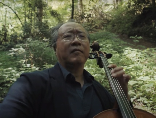 screenshot from a video of Yo-Yo Ma playing Back by a river in the Great Smoky mountains of America.