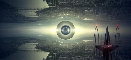 Surreal futuristic artwork featuring a large floating eye at the center of a symmetrical, mirrored cityscape. The scene includes abstract architecture with spires illuminated by red lights and a glowing horizon blending into a dreamlike atmosphere