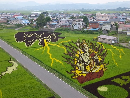 image of Akala, a Buddhist deity, holding a sword and surrounded by flames with a dark cloud and lightning bolt, over several rice paddies in shades of yellow, red, and black