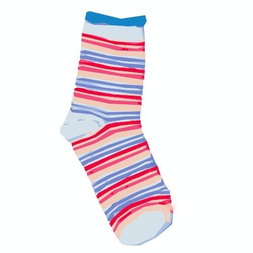 Illustration of single colorful sock, light blue with red, blue and peach stripes 