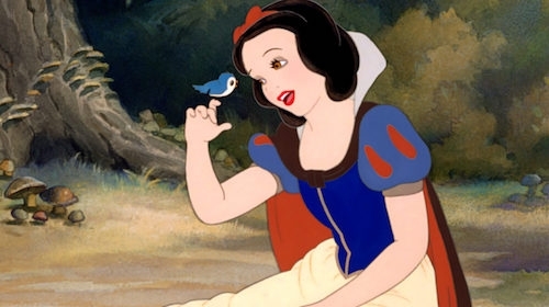image of Snow White with the bluebird on her finger from the original Disney film