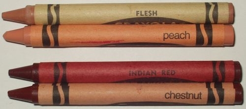 Famous renamed Crayola crayons Flesh and the replacement color Peach, Indian Red and the replacement color Chestnut