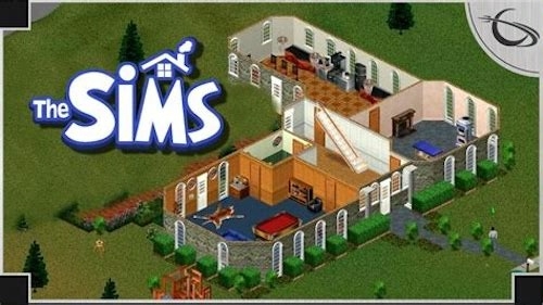  A screenshot of the original video game, The Sims 1, showing an isometric view of a house with multiple rooms, including a kitchen, living room, and bedroom. The house features large windows, a staircase, and detailed furnishings. The game's logo appears prominently on the left side of the image. The house is set in a grassy outdoor environment.