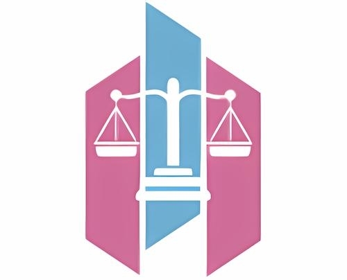 Lawyers Against Transphobia graphic, a white balance scale centered in an abstract blue and pink shield