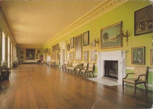 postcard showing a photo of a long, rather boring gallery room probably in a British National Trust house