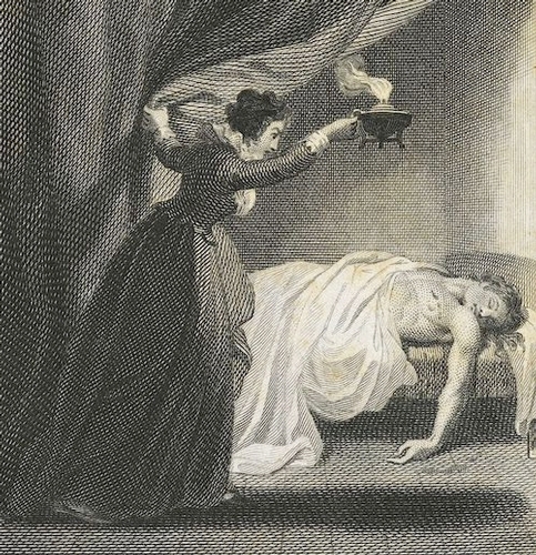 image showing a woman in 18th century dress holding a lantern aloft and pulling back the bed curtain to find a shirtless man apparently stabbed to death in his sleep 