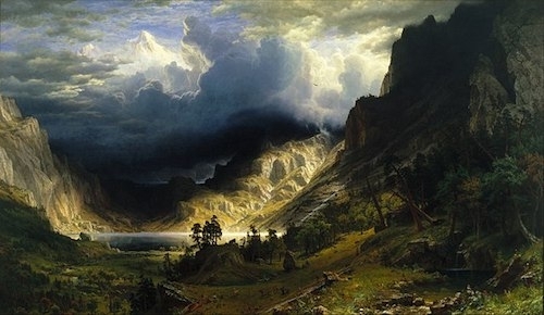 Dramatic chiaroscuro oil painting of roiling dark storm clouds with sunlight breaking through to illuminate the rocky valley below