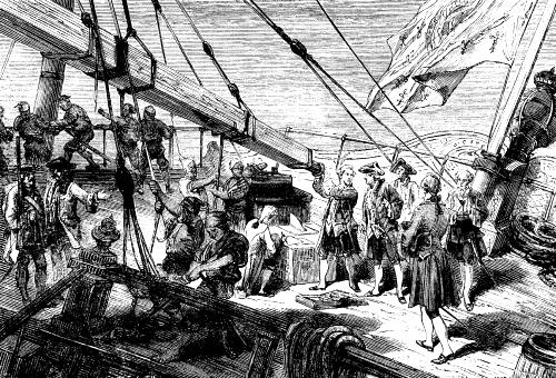 depiction of nearly 20 men on the pitching deck of a ship, crewmen, guards, and five fancily dressed gentlemen, all focusing on a huge wooden telescope suspended and supported by ropes. One man is taking notes, while another prepares to look through the telescope. 